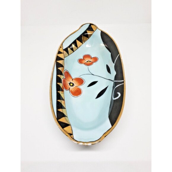 Noritake Celery Dish Hand Painted Gold Rimmed Handles Orange Flowers 7 .5 in VTG - Picture 4 of 7